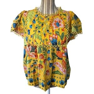 New FARM Rio Top XS Gold Yellow Floral Embroiderd Blouse 100% Cotton Peasant NWT